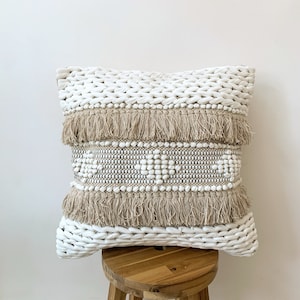 Beige Bohemian Cushion Cover, Throw Cotton Cushion, White Tufted Cushion Pillow, Moroccan Style Cushion, White Pillow Cover