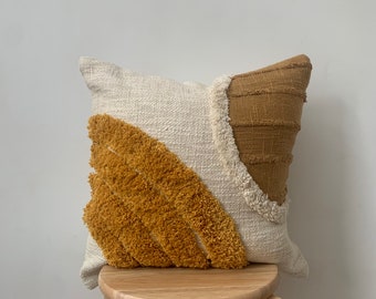 Beige Boho Throw Cotton Cushion with duck feather insert 45x45cm , Beige and Yellow tufted Woven cotton pillow, Mustard Cushions