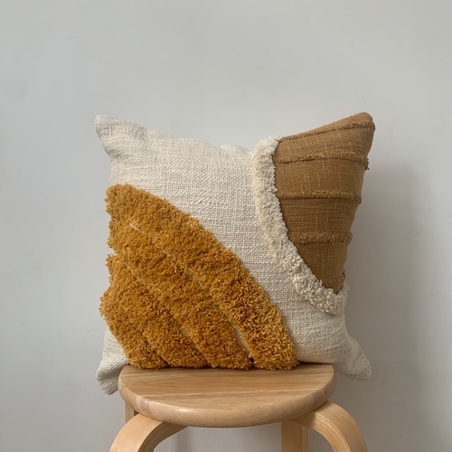 Beige Boho Throw Cotton Cushion Cover Beige and Yellow Tufted - Etsy UK