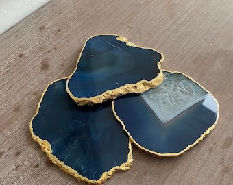 Blue Agate Stone Crystal Coasters, Stone Coasters in the UK, Blue Coasters with Gold Edge, Marble Style Coasters