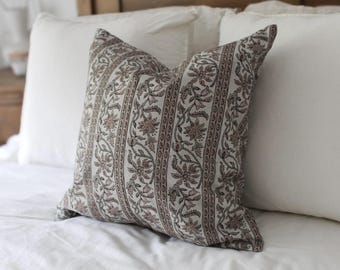 Floral Cotton stripe Cushion with feather insert: Grey and pink farmhouse pillow 45x45cm