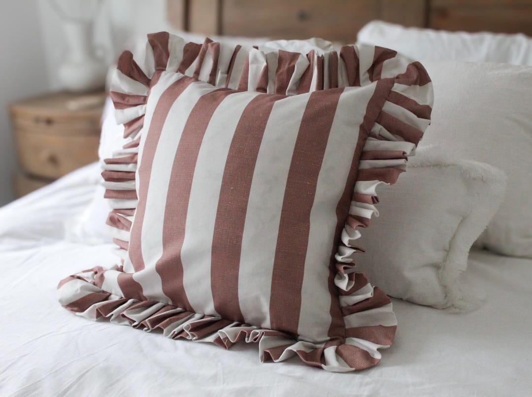 Blush Stripe Ruffle Cushion Cover | 45x45cm Cotton Frilly Pillow With ...