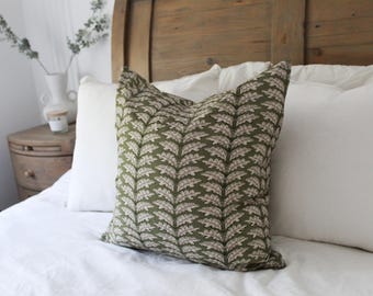 Dark green floral cushion with feather insert 50x50cm: Handmade green cotton pillow