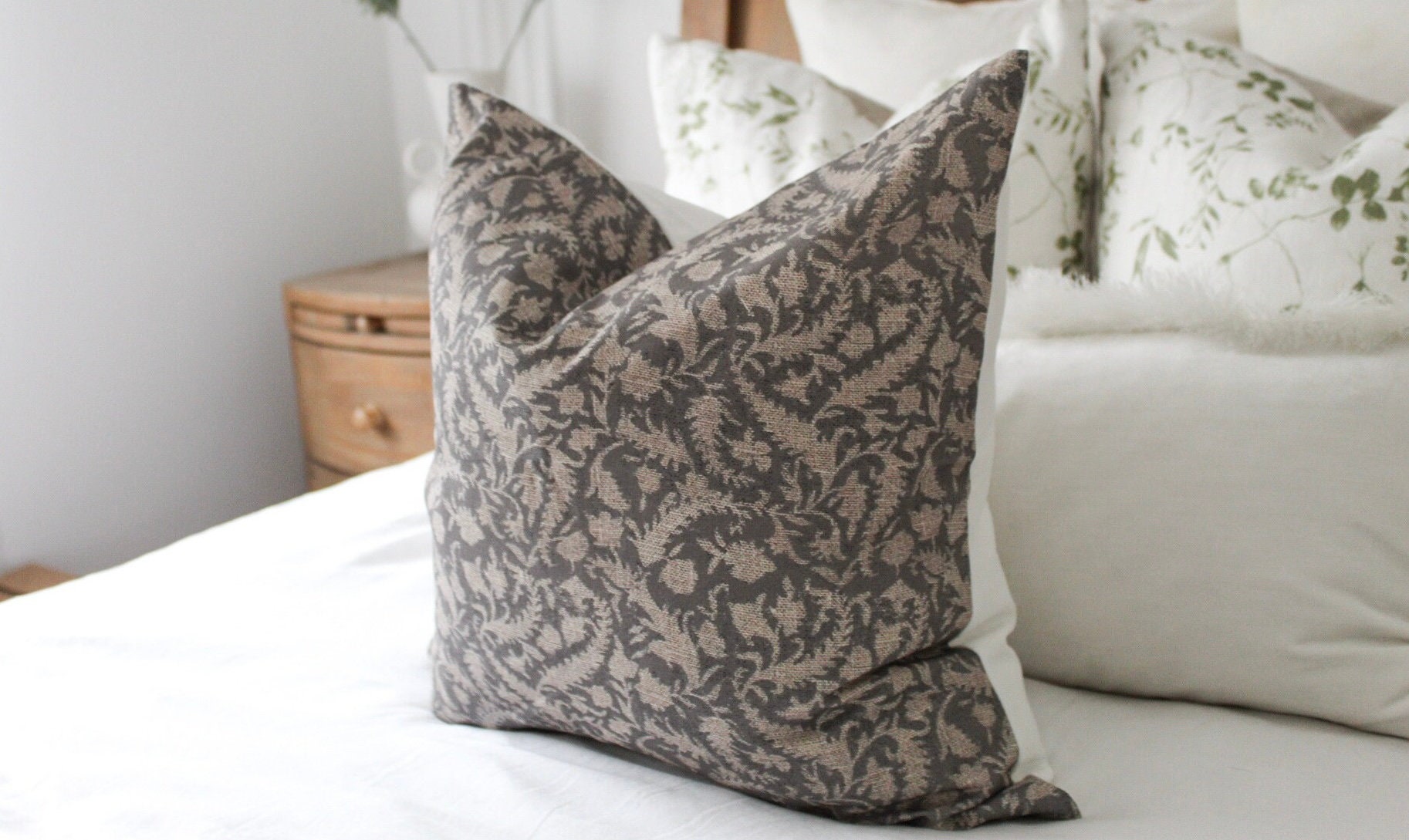 Linen and Dark Grey Floral Cushion Etsy Singapore