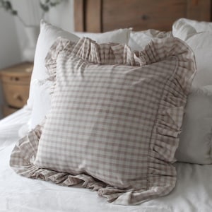 Beige check ruffle Cotton Cushion with duck feather insert 45x45cm , Neutral frilly throw pillow, beige and white cushions