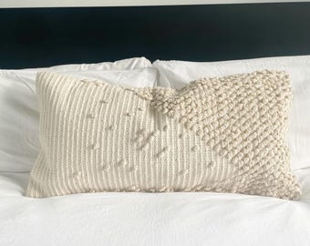 Ivory Tufted Handloom Cotton Lumbar Pillow Cover | Boho Farmhouse Decor