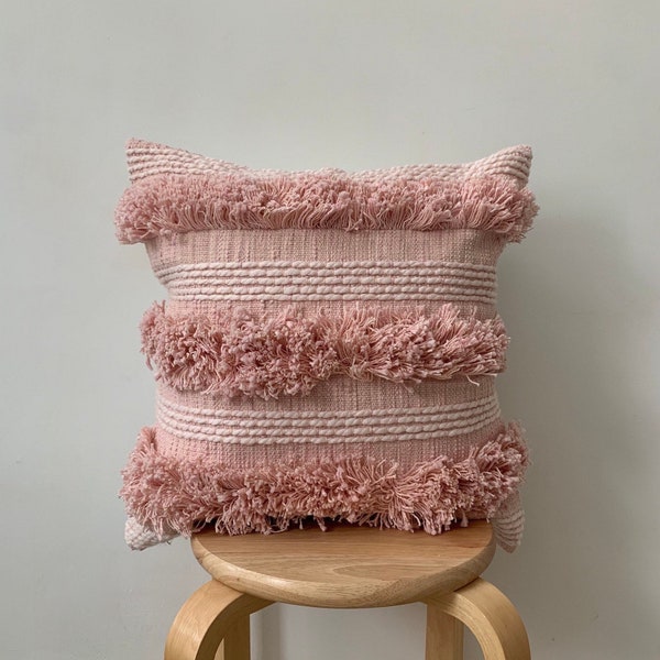 Pink Throw Cotton Cushion Cover, Pink tufted Woven cotton pillow, Handmade Cushion, Pink Tassel Cushions, Housewarming Gift