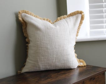 Ivoorkatoenen kussenhoes met franje | Neutraal boho-sierkussen | Woondecoratie boerderij