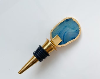 Blue Agate Bottle Stopper, Agate Crystal Gold Edge Bottle Stopper, Prosecco Bottle Stopper, Agate Stone UK, Bottle Stopper for Champagne