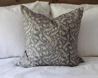 Grey floral farmhouse Cushion with feather insert 45x45cm: Patterned country pillow