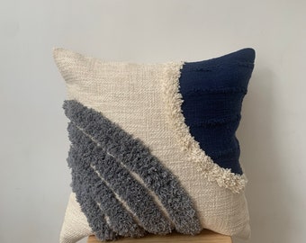 Blue Boho Throw Cotton Cushion Cover, Beige and Blue tufted Woven cotton pillow, Grey Cushions, Housewarming Gift, Handmade Cushion Cover