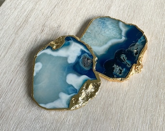 Blue Agate Stone Coasters with Gold Edge: Natural navy crystal drink coasters