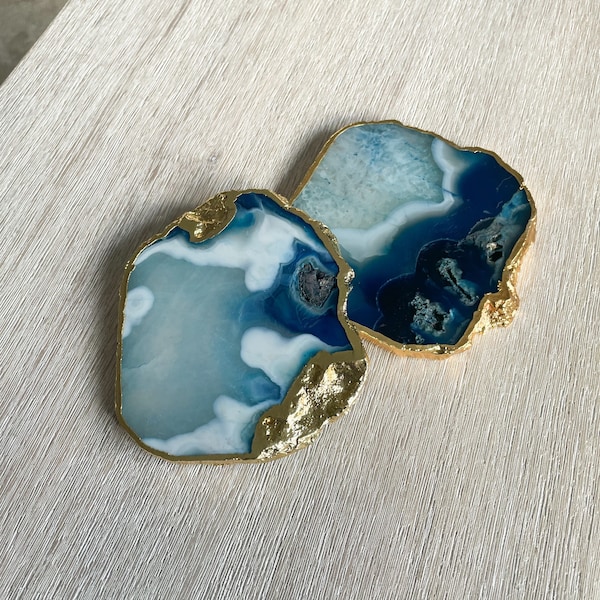 Blue Agate Stone Coasters with Gold Edge: Natural navy crystal drink coasters