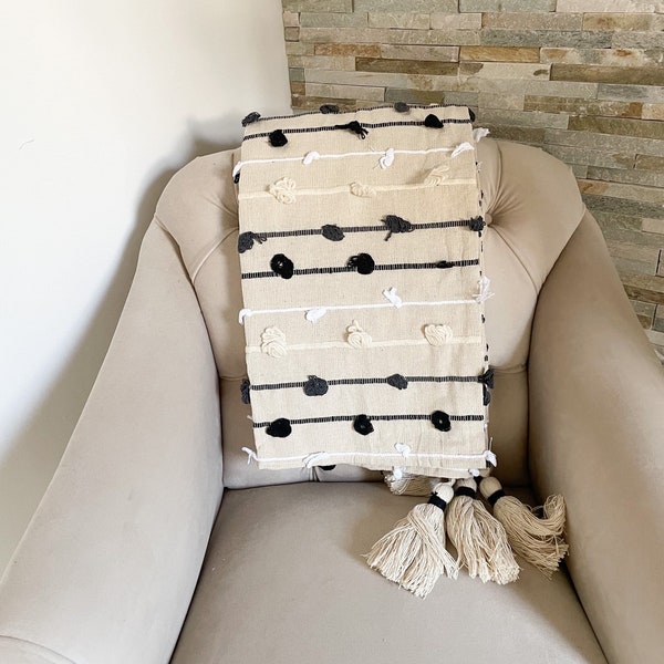 Beige Bohemian Throw Blanket in the UK, Black Cotton Throw with Tassels, Beige sofa and bed throw , Boho Style Throw, White Throw blanket