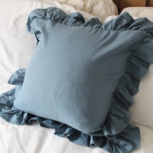 Blue Ruffle Linen Cushion with Feather Insert (45x45cm): Frilly cushions