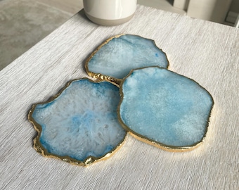 Blue Agate Stone Coasters with Gold Edge: crystal Coasters
