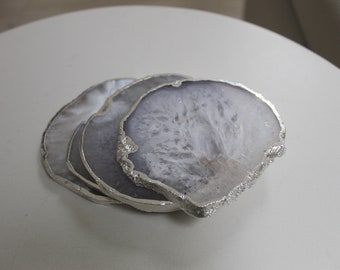 Sous-verres en pierre d'agate argentée, sous-verres en agate au Royaume-Uni, sous-verres en cristal géode naturel véritable, sous-verres en pierre d'agate argentée et blanche