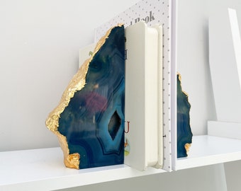 Agate Stone Bookends or Agate Stone Ornament, Blue with Gold Agate Stone Bookends, Crystal Bookends in the UK, Agate Stone Slice