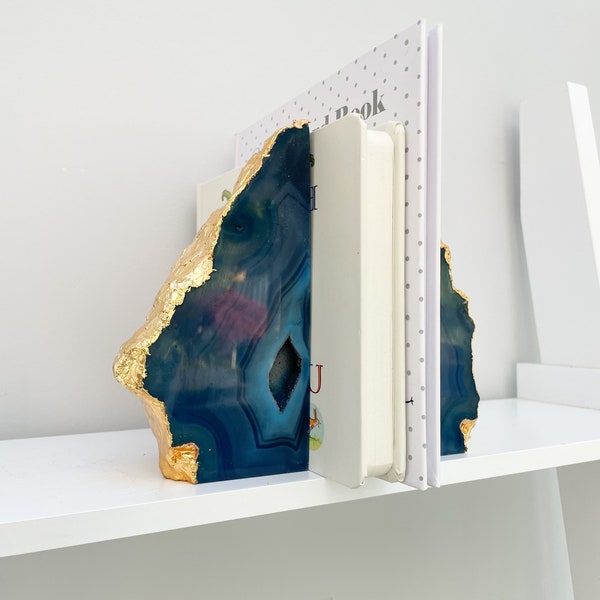 Agate Stone Bookends or Agate Stone Ornament, Blue with Gold Agate Stone Bookends, Crystal Bookends in the UK, Agate Stone Slice