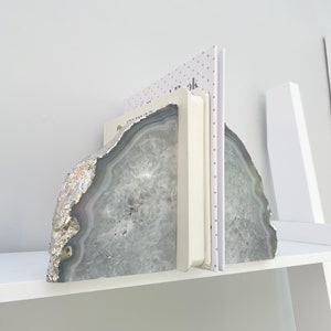 Crystal Agate Stone Bookends with silver edging, Heavy bookends