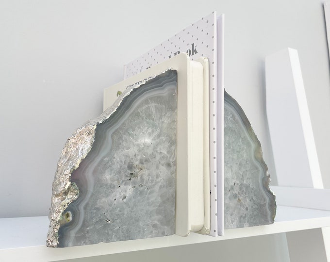 Agate Stone Bookends or Agate Stone Ornament, White with Silver Agate Stone Bookends, Crystal Bookends in the UK, Agate Stone Slice