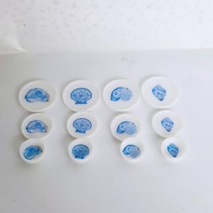 May include: A collection of twelve white ceramic plates arranged in four columns of three, each featuring a blue floral pattern depicting a different seashell. The plates vary in size, decreasing from the top row to the bottom row in each column.