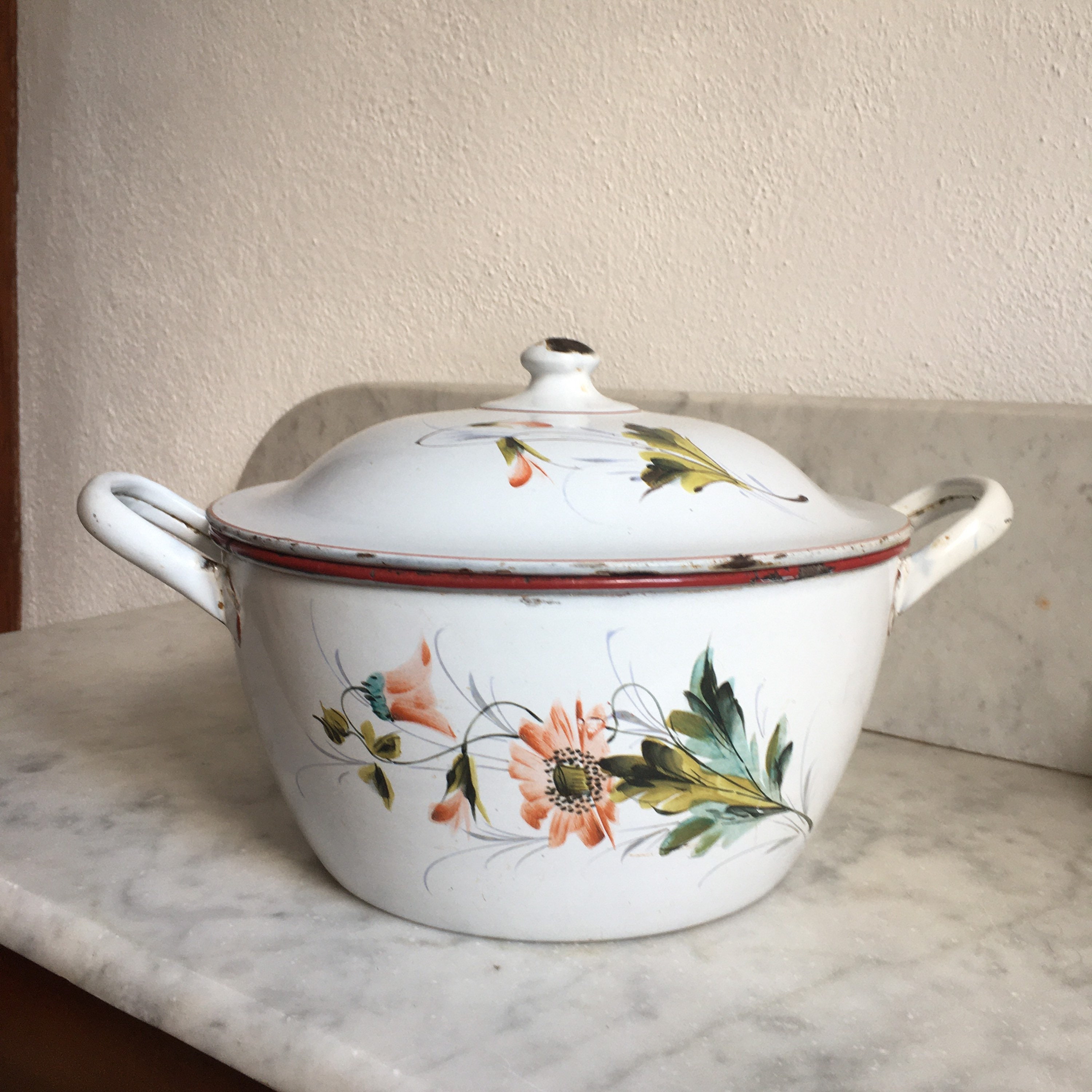 Français Vintage Casserole en Émail Peinte à La Main