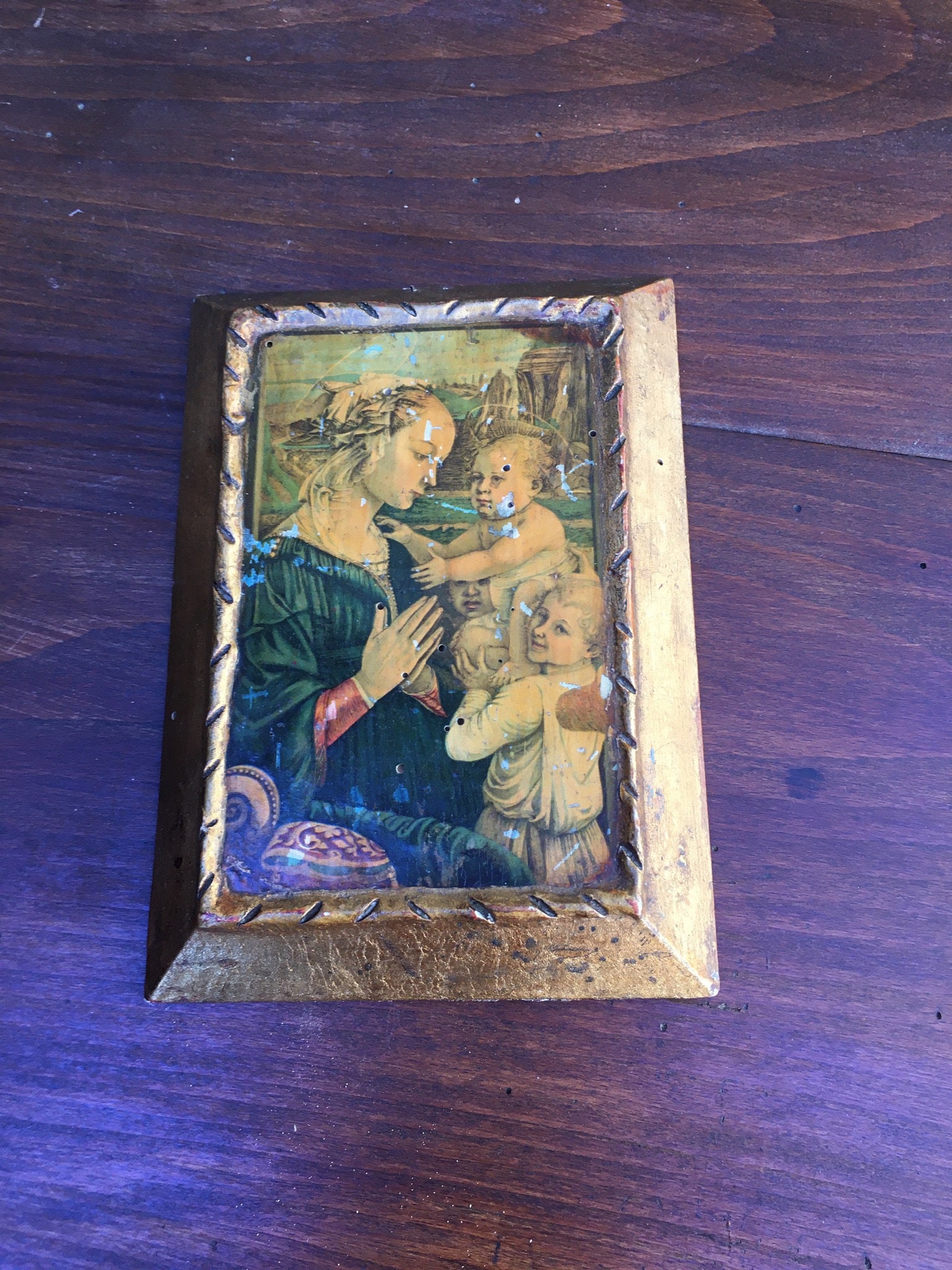 Cuadro religioso vintage sobre madera Virgen y niño P. Lippi