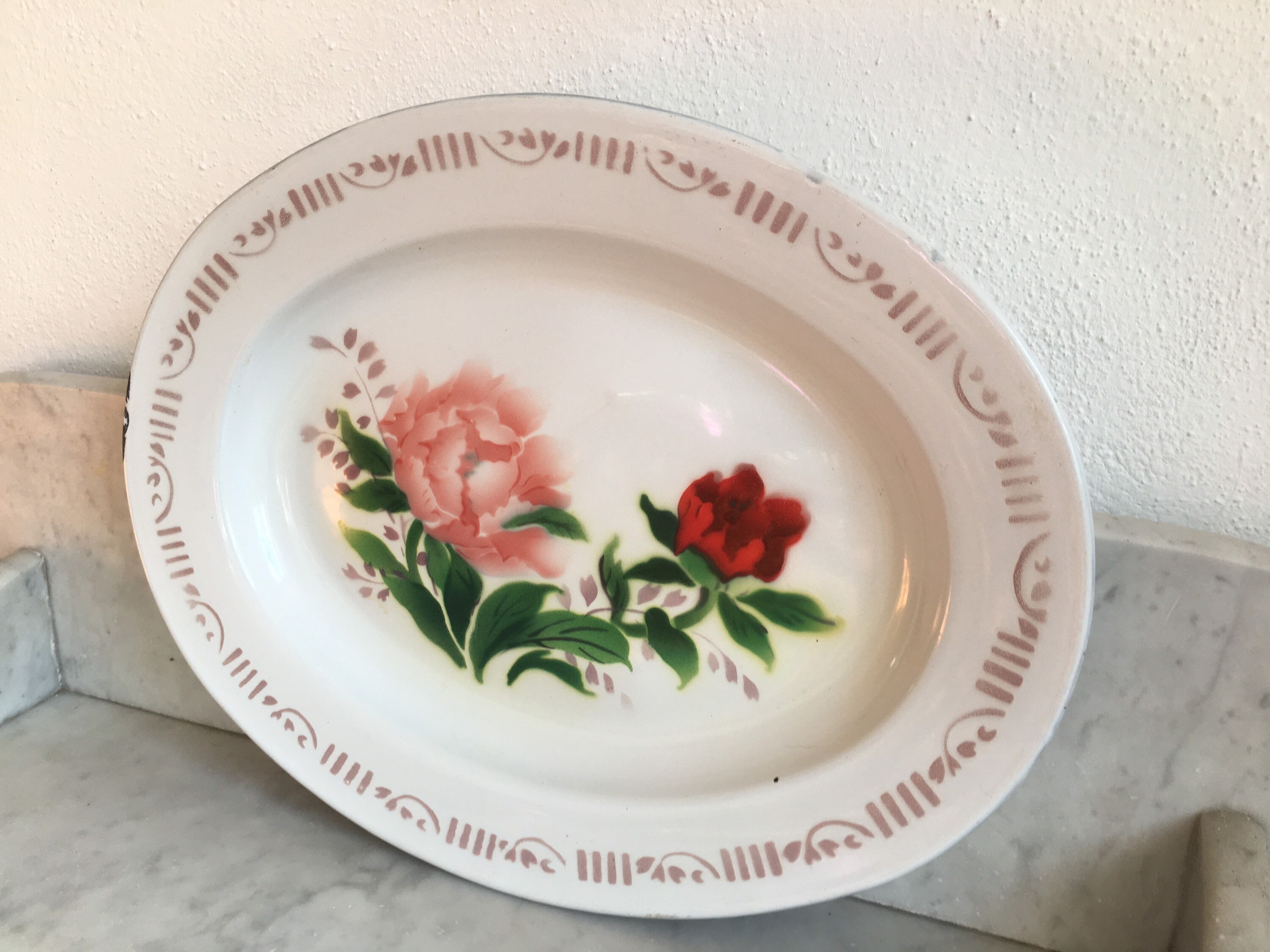 Plateau d'émail Floral Vintage 40cms