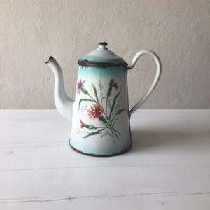 Cafetera francesa antigua de esmalte pintada a mano