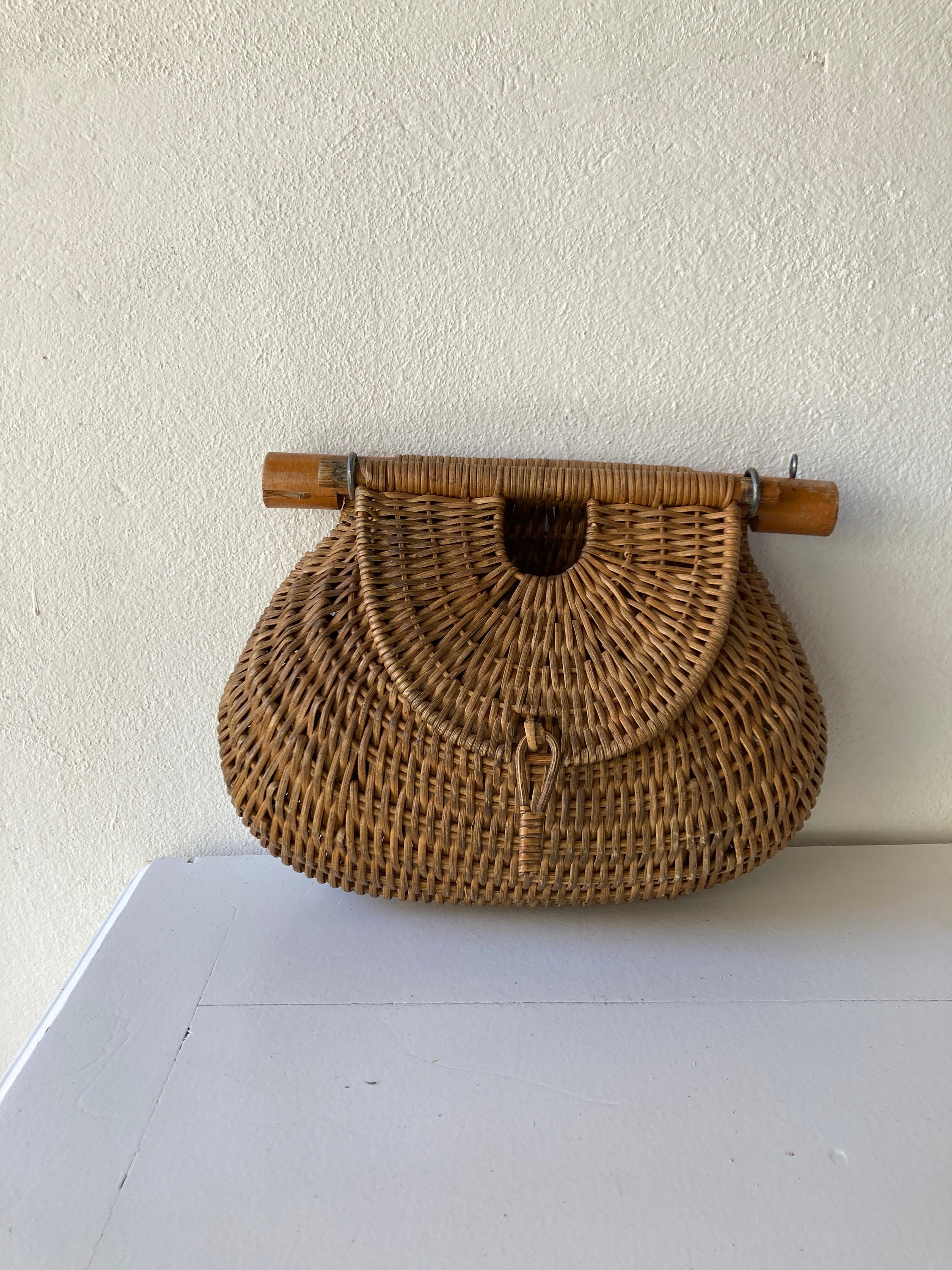 Panier de pêcheur osier tressé vintage français, sac