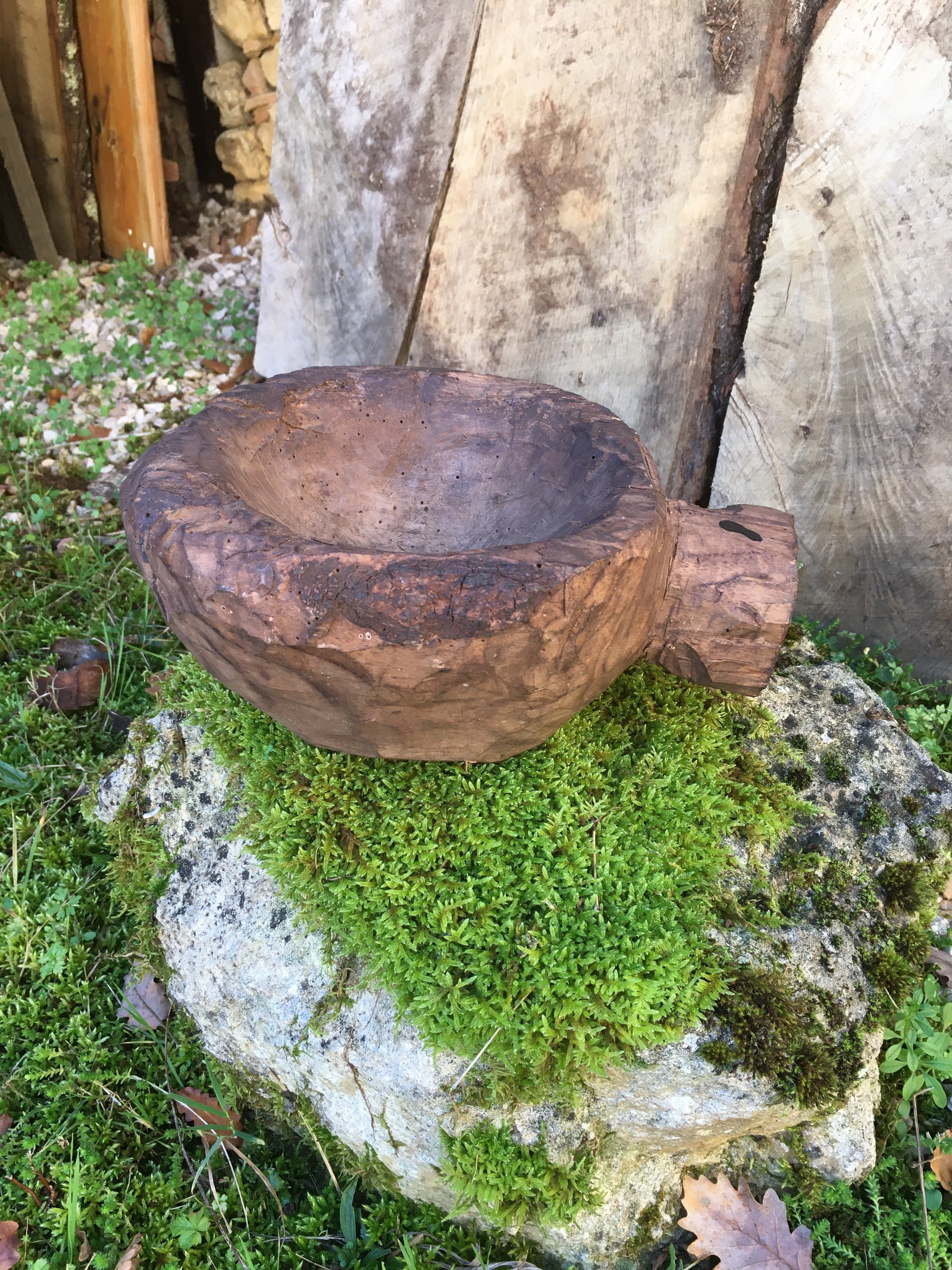 Bol de Mortier en Bois Sculpté à La Main Antique