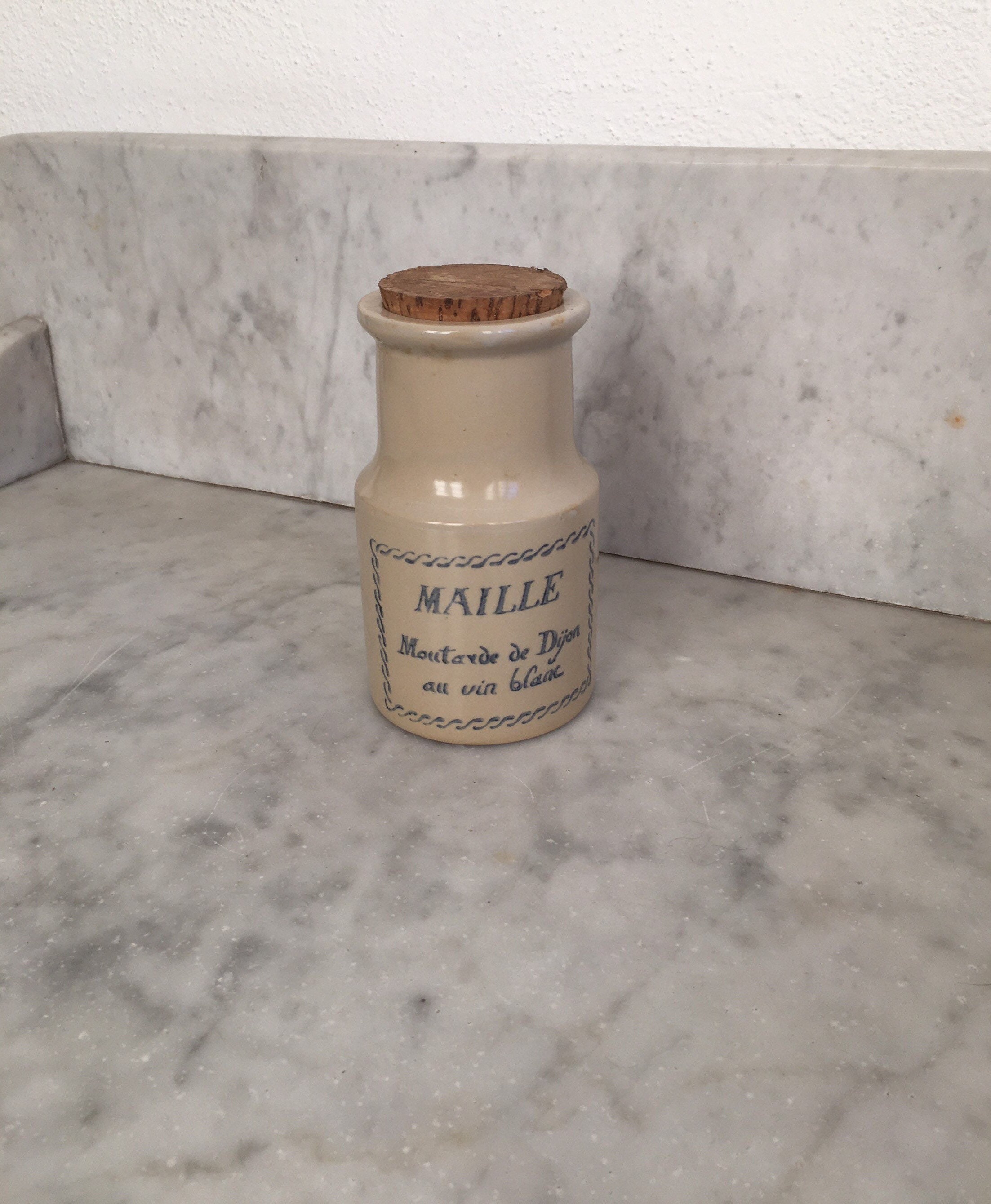 Français Pot de Moutarde Maillé en Grès Vintage avec Liège