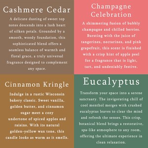 The image is a collage of four images, each depicting a different type of candle: Cashmere Cedar, Champagne Celebration, Cinnamon Kringle, and Eucalyptus.