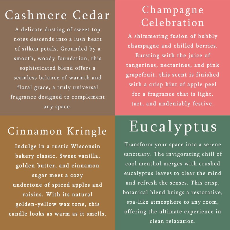 The image is a collage of four images, each depicting a different type of candle: Cashmere Cedar, Champagne Celebration, Cinnamon Kringle, and Eucalyptus.