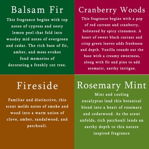 The image is a collage of four images, each depicting a different fragrance: Balsam Fir, Cranberry Woods, Fireside, and Rosemary Mint.