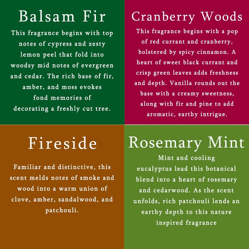 The image is a collage of four images, each depicting a different fragrance: Balsam Fir, Cranberry Woods, Fireside, and Rosemary Mint.