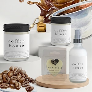 May include: A collection of coffee-themed products, including candles, a room spray, and wax melts. The products feature the text "coffee house" on white labels. The image also includes coffee beans and a small car air freshener.