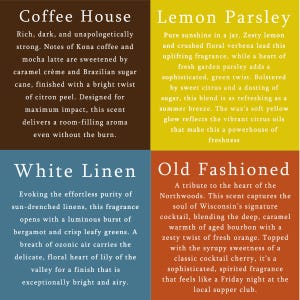 The image is a collage of four different scents, each with its own unique description.