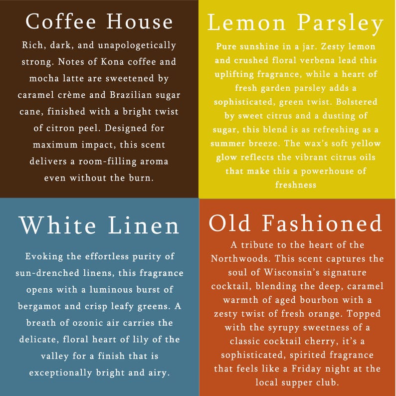 The image is a collage of four different scents, each with its own unique description.