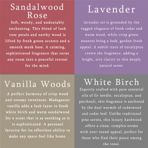 The image is a collage of four images, each depicting a different type of wood scent: Sandalwood Rose, Lavender, Vanilla Woods, and White Birch.