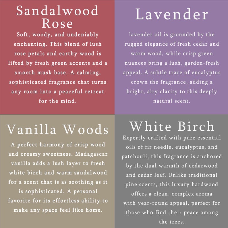 The image is a collage of four images, each depicting a different type of wood scent: Sandalwood Rose, Lavender, Vanilla Woods, and White Birch.