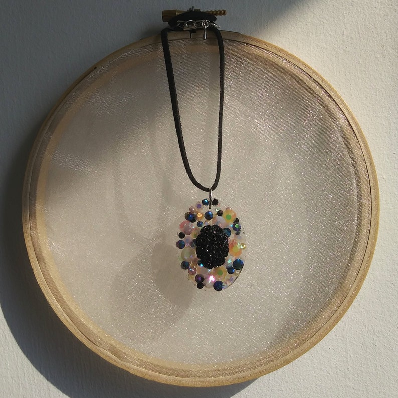 embedded w pearls and gems Black Flower Bouquet Pendant