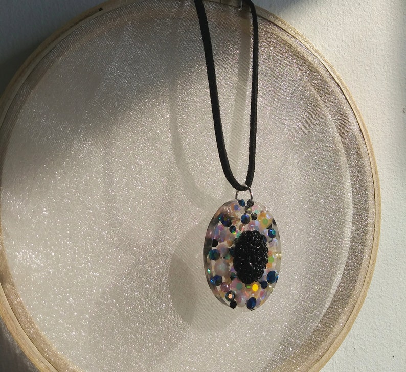 embedded w pearls and gems Black Flower Bouquet Pendant