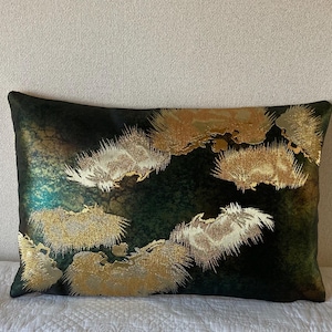 Gorgeous Reversible Emerald Golden Silk Obi Cushion, Elegant Pine Leafs Interior Pillow Cover, Home Decorating Accessory, Art Collection