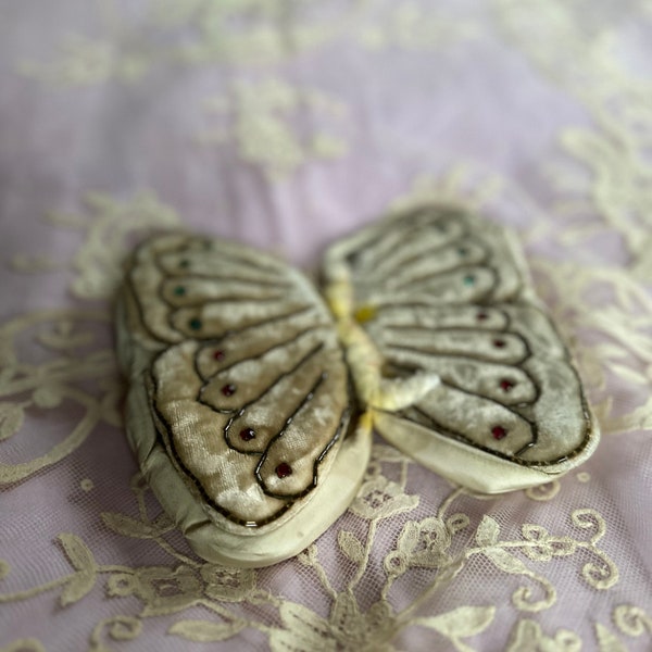 1920s cream velvet and silk butterfly box.