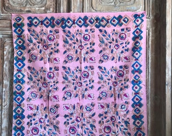 1930s Floral Hand Block Print Fabric: Pink & Blue Cotton Textile