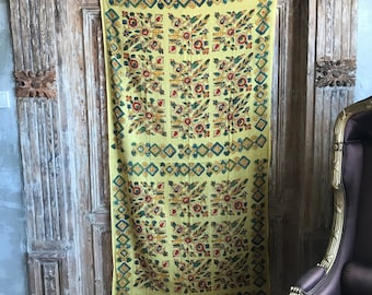 1930s Hand block print floral design fabric textile in yellow blues reds