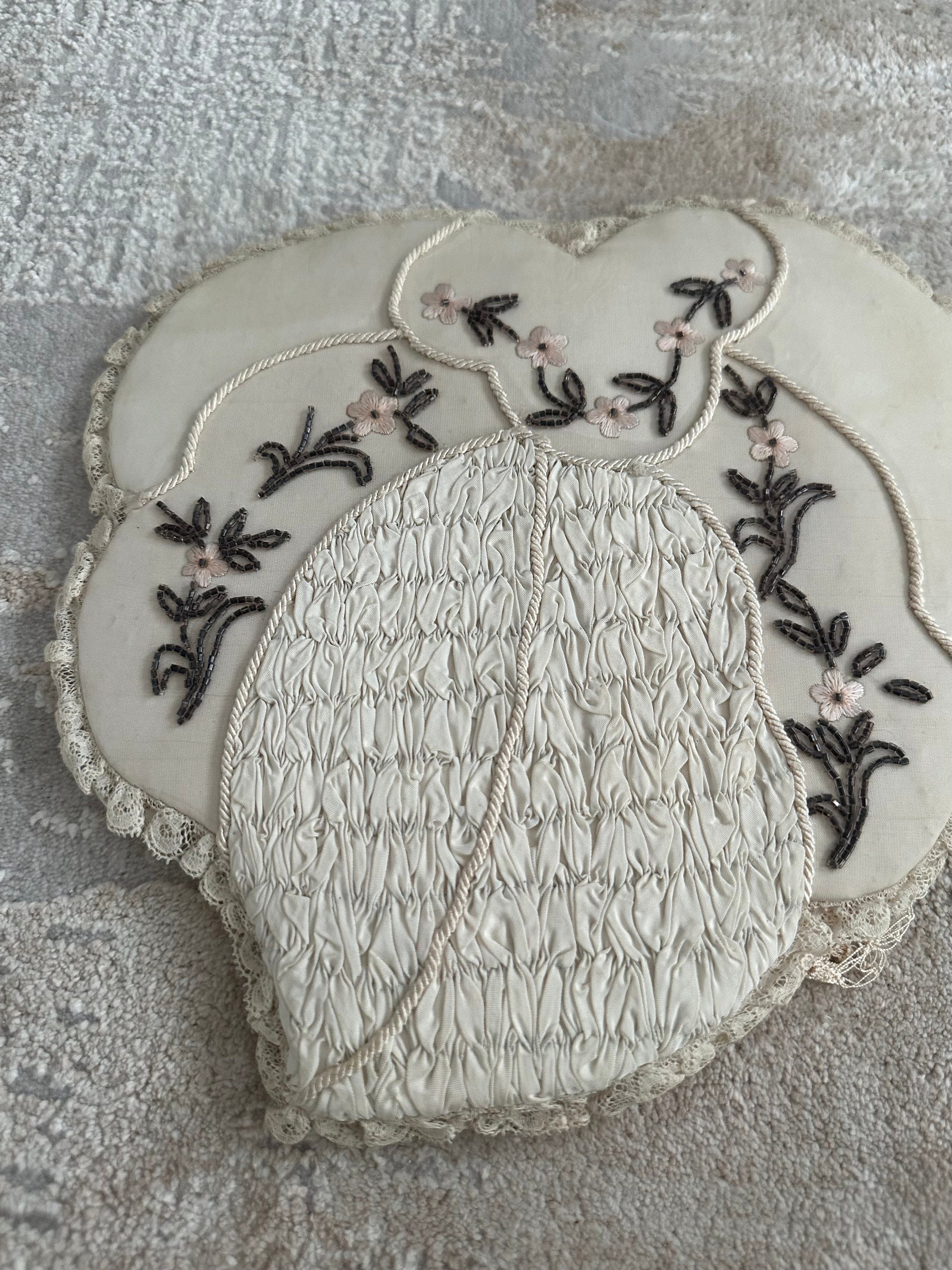 1920s Silk Handkerchief Holder: Embroidered Floral Bridal Gift