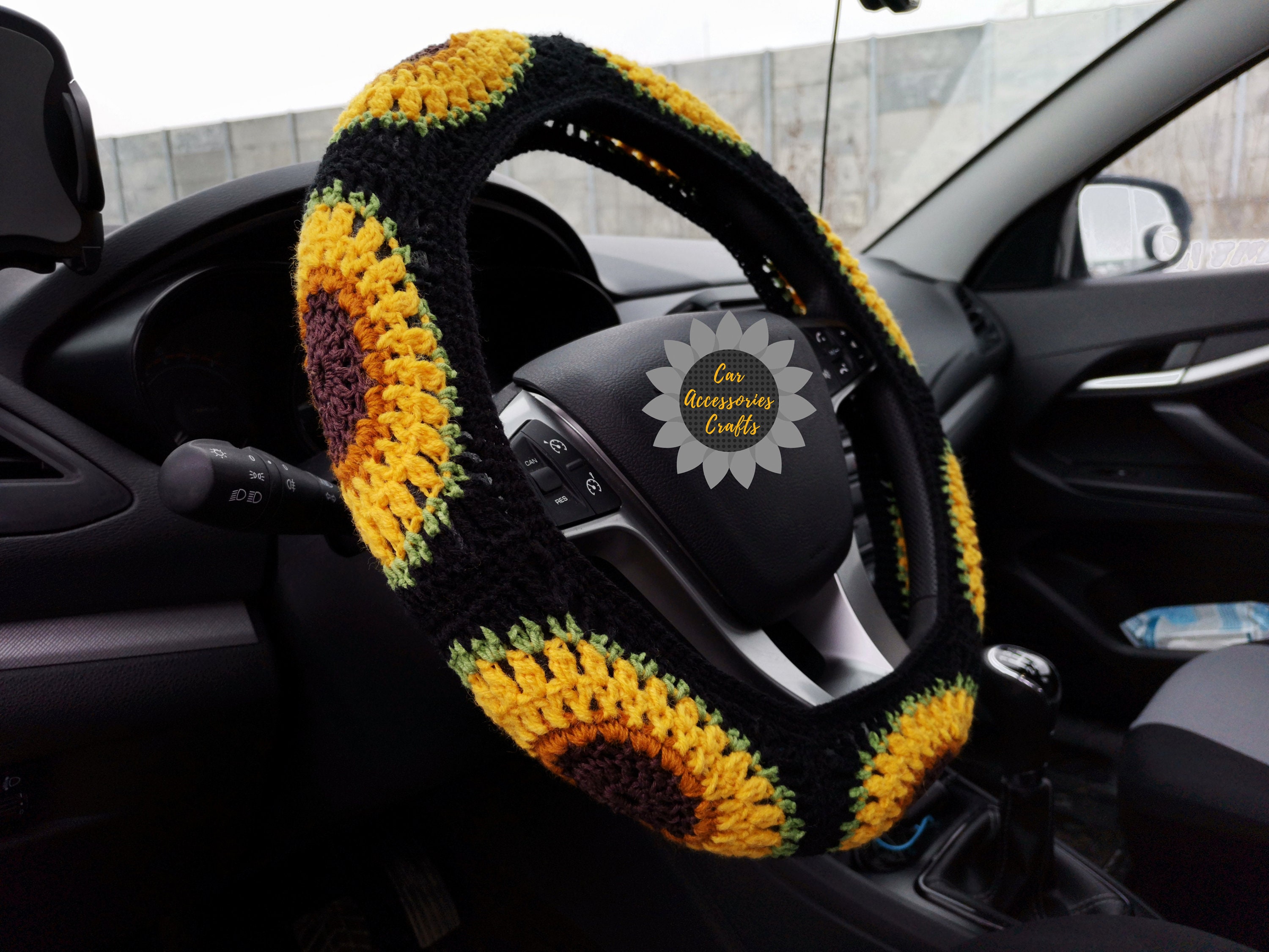 Sunflower Steering Wheel Cover Crochet Flower Steering Wheel Etsy